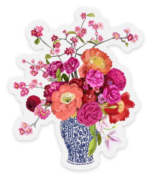 Clear Bouquet in Blue and White Vase Sticker, 2.7inx3.25 in.