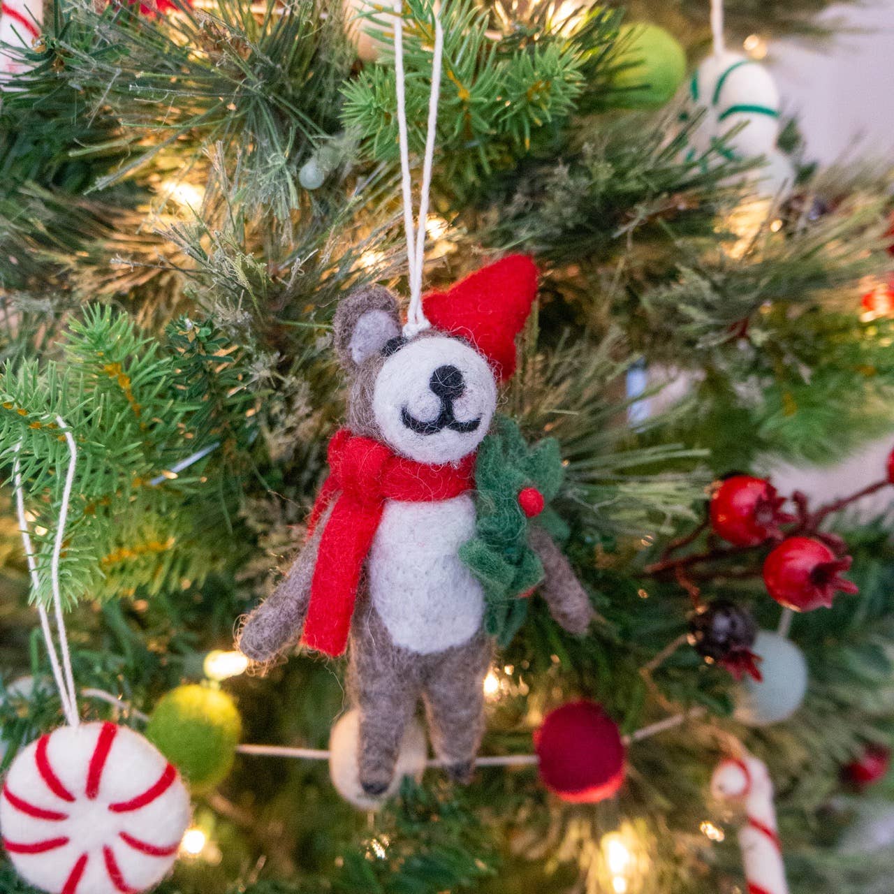 Holly Bear with Wreath Felt Wool Ornament