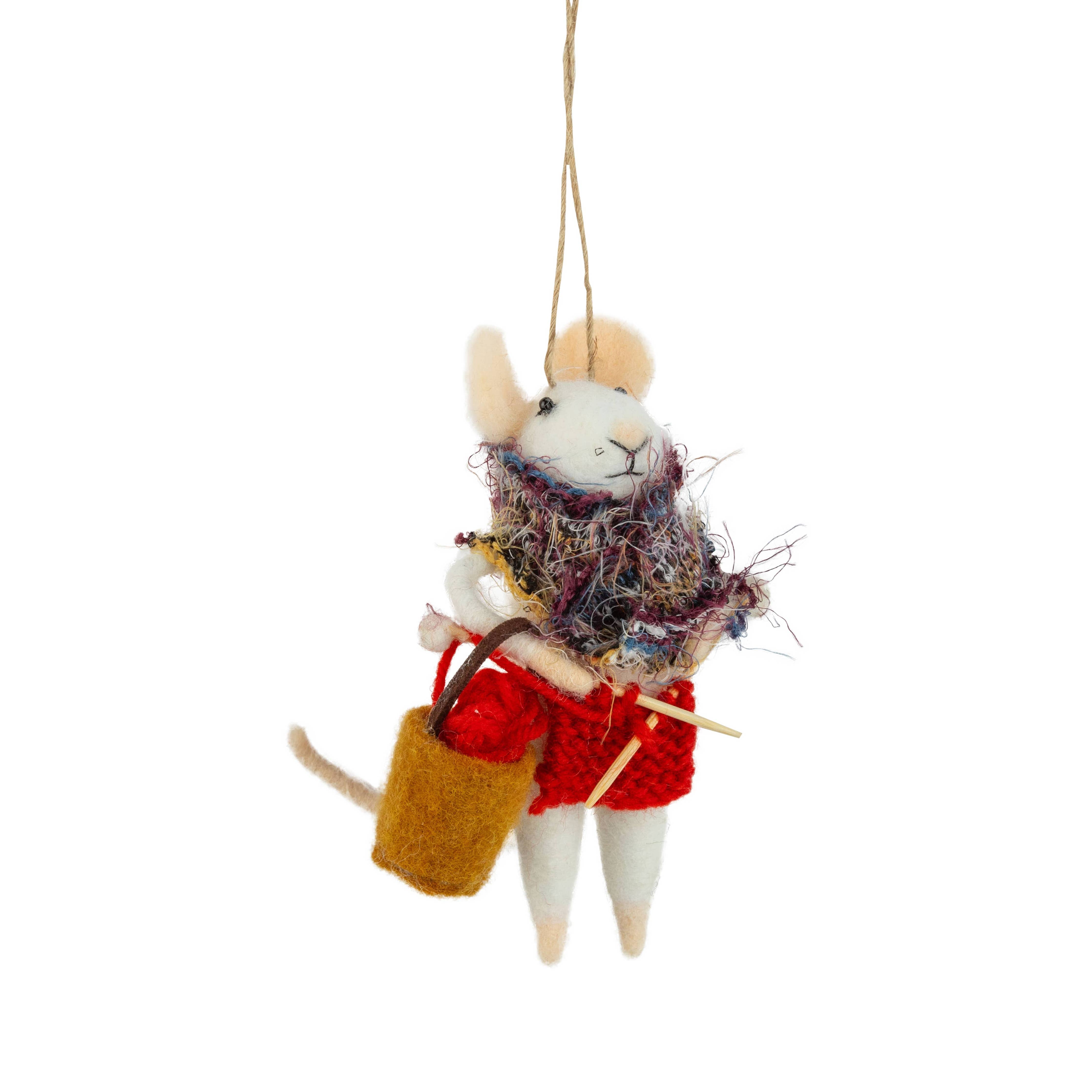 Felt mouse with knitting bag ornament