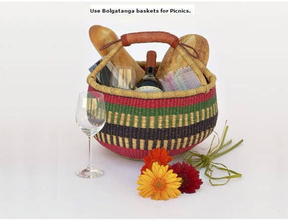 Medium Bolga Market Basket w/ Leather Wrapped Handle (Colors Vary) W: 11" - 13" H: 8"-10"