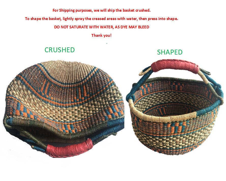 Medium Bolga Market Basket w/ Leather Wrapped Handle (Colors Vary) W: 11" - 13" H: 8"-10"