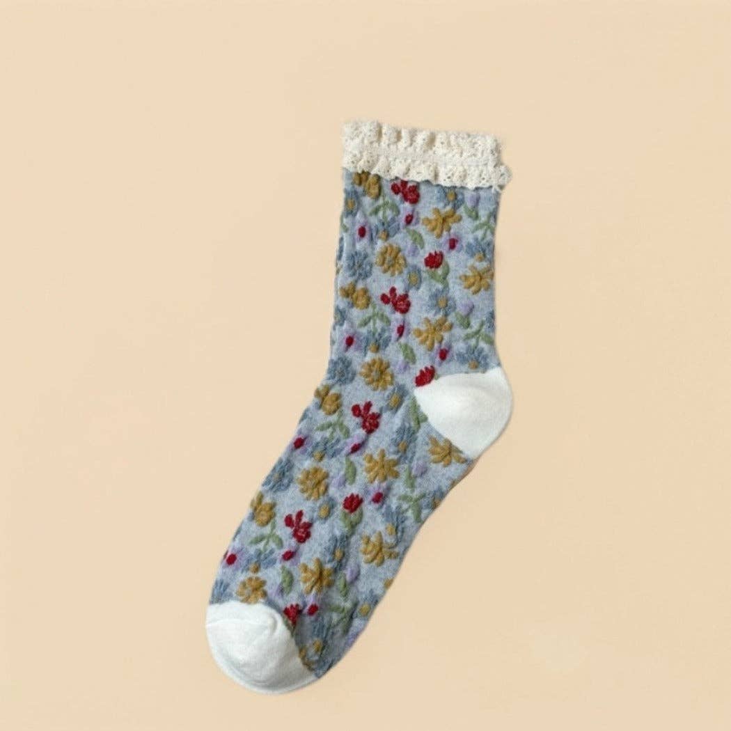 Rufia - Lace-Trim Vintage Floral Relief Socks