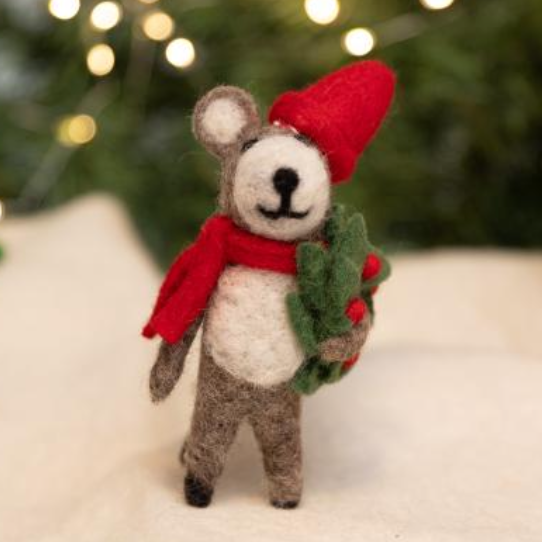 Holly Bear with Wreath Felt Wool Ornament