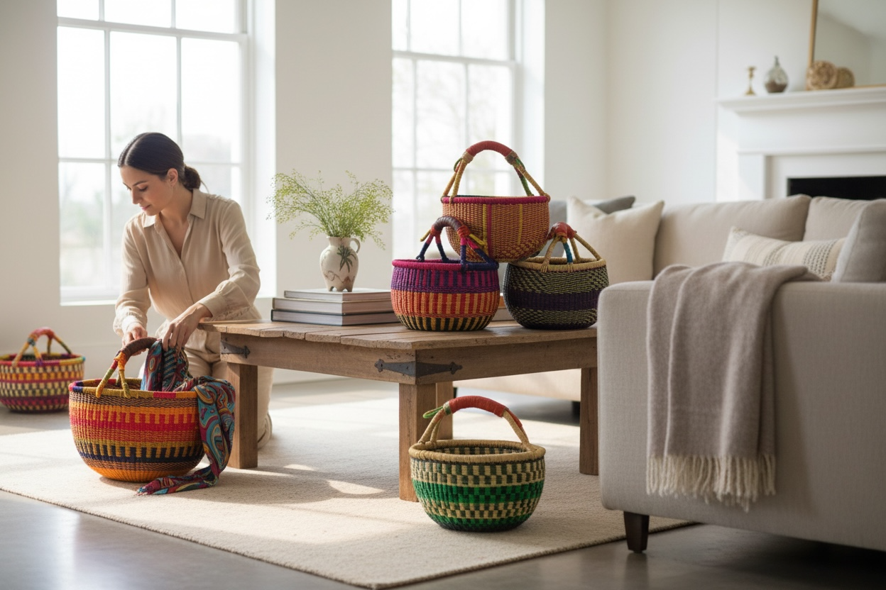African Market Basket | Ghana Bolga Basket | (Colors Vary)