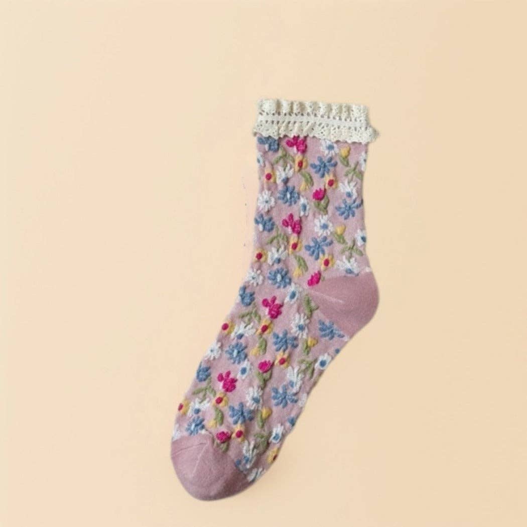 Rufia - Lace-Trim Vintage Floral Relief Socks