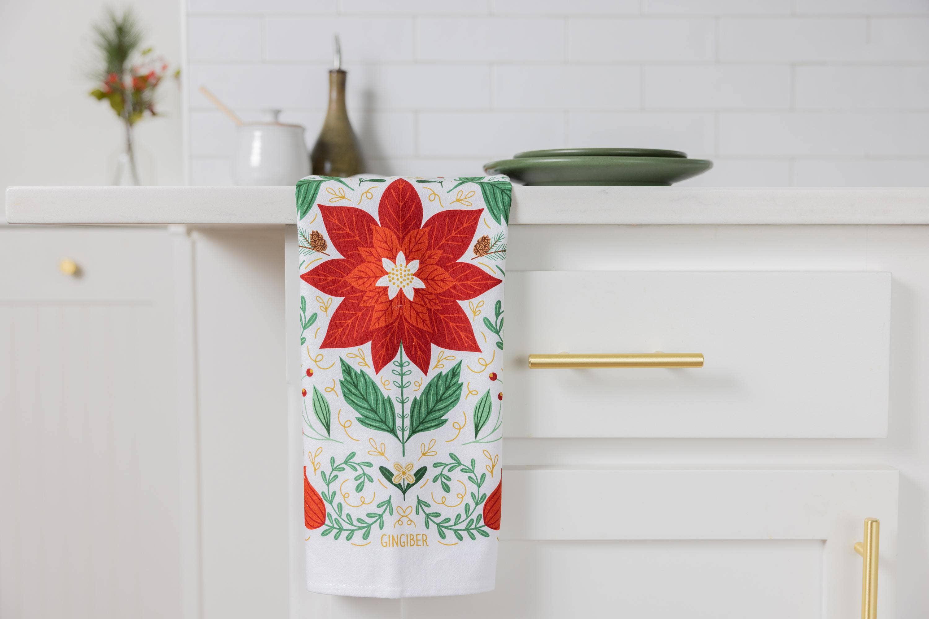 Poinsettia Tea Towel - Holiday Kitchen Towel Decor
