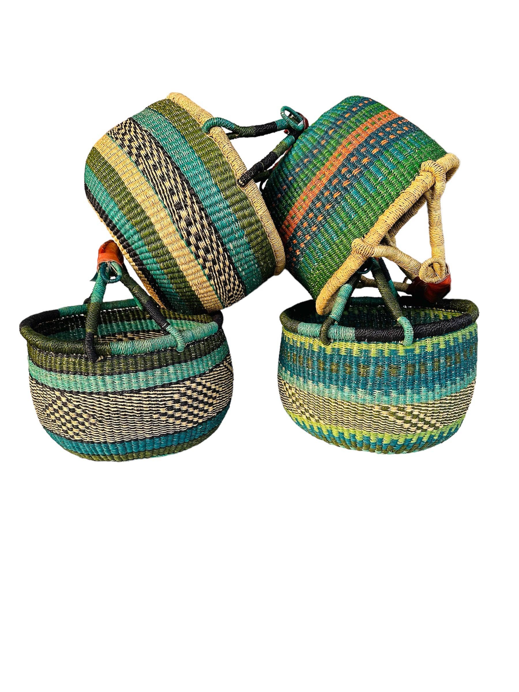 Medium Bolga Market Basket w/ Leather Wrapped Handle (Colors Vary) W: 11" - 13" H: 8"-10"