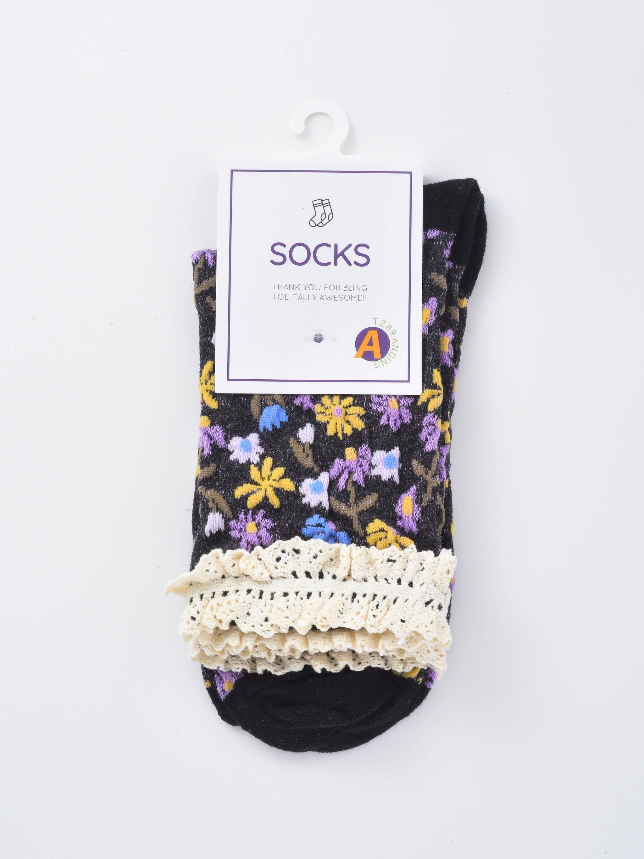 Rufia - Lace-Trim Vintage Floral Relief Socks
