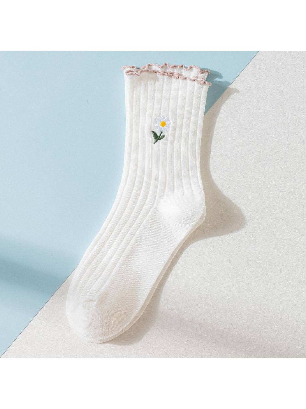 Rufia - Floral Daisy Detail Soft Ribbed Crew Socks