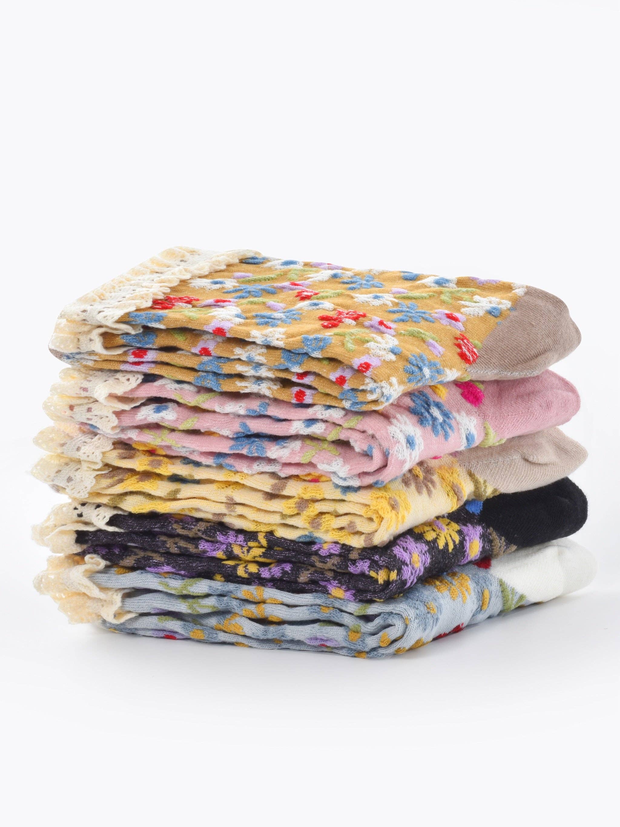 Rufia - Lace-Trim Vintage Floral Relief Socks