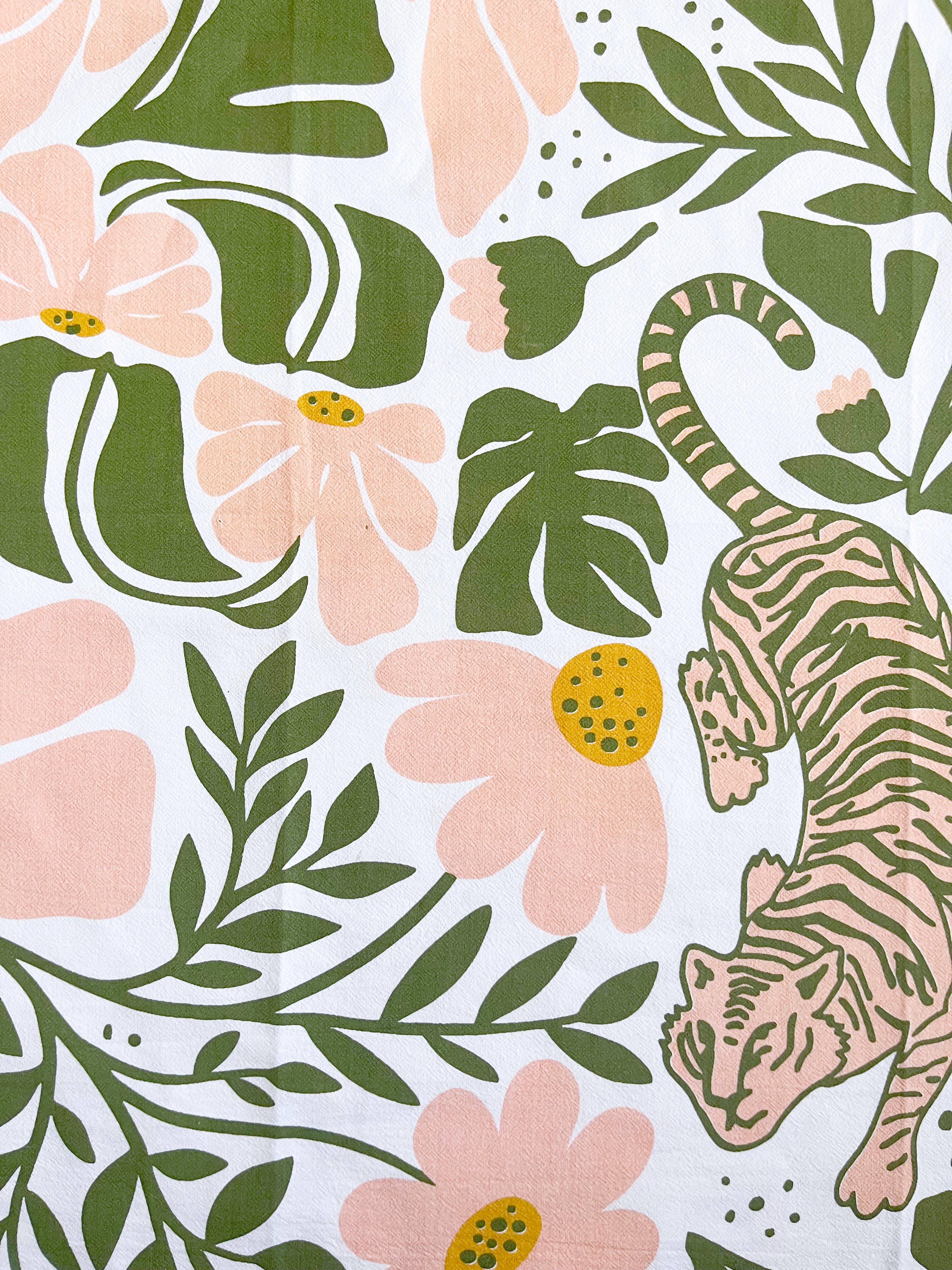 Tiger Floral Tea Towel - Modern Boho Pink and Green Flowers