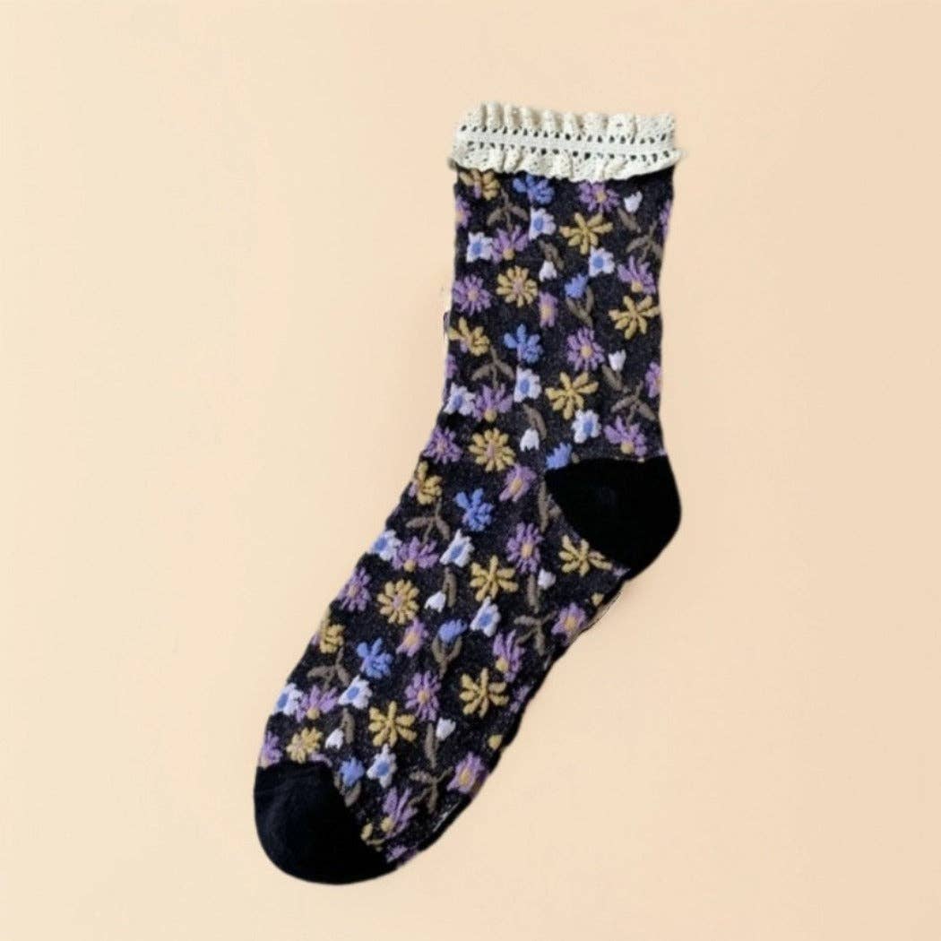 Rufia - Lace-Trim Vintage Floral Relief Socks