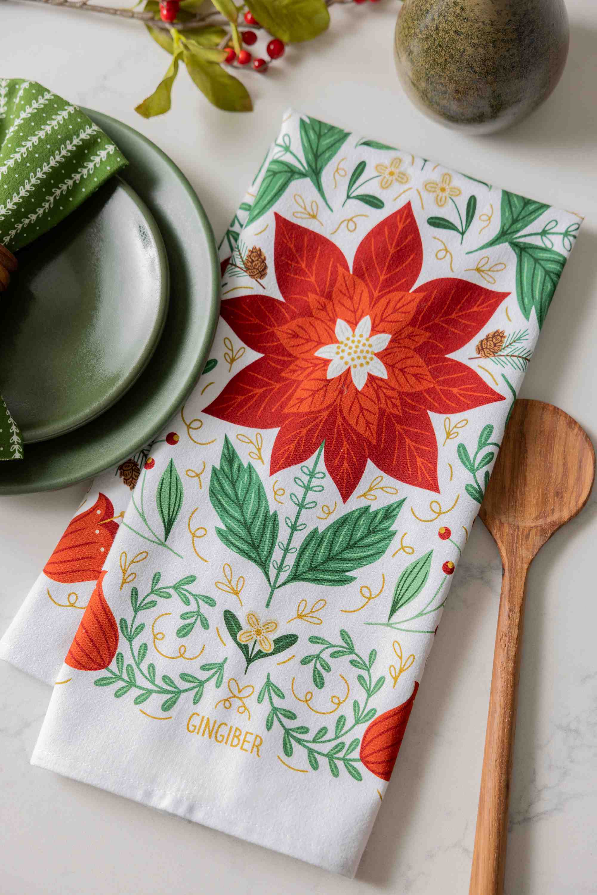Poinsettia Tea Towel - Holiday Kitchen Towel Decor