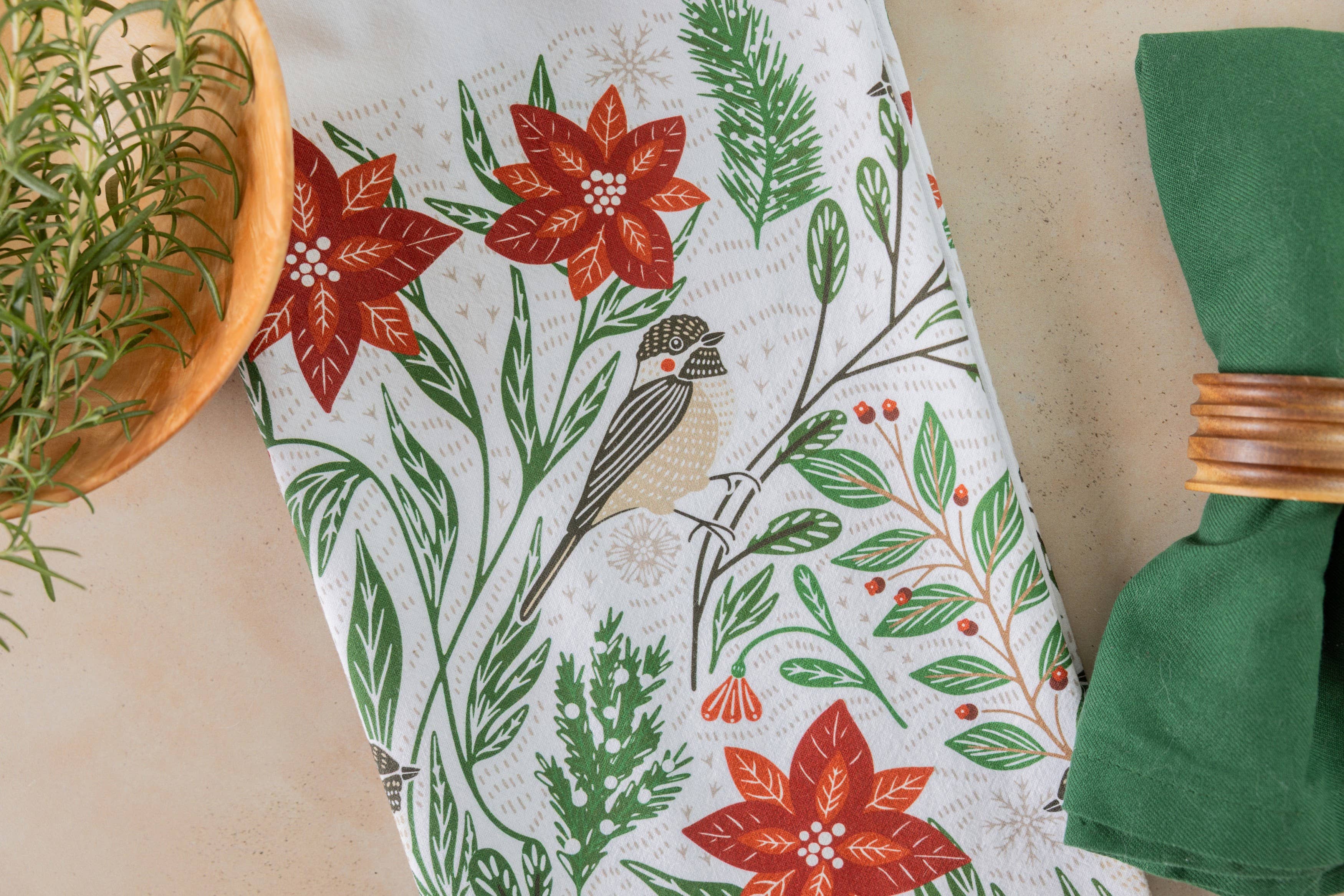 Poinsettias & Pines Tea Towel - Holiday Kitchen Towel Decor