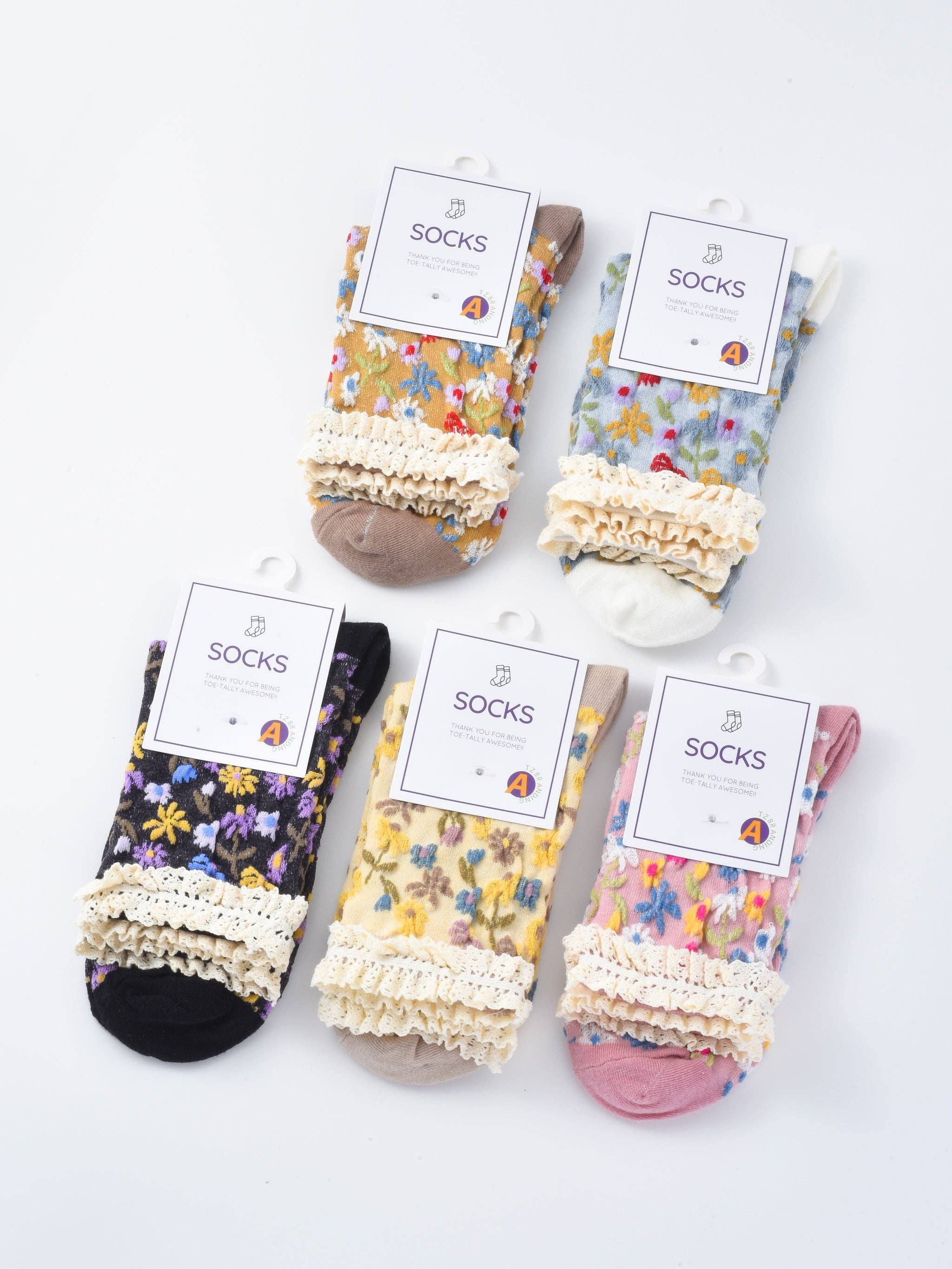 Rufia - Lace-Trim Vintage Floral Relief Socks