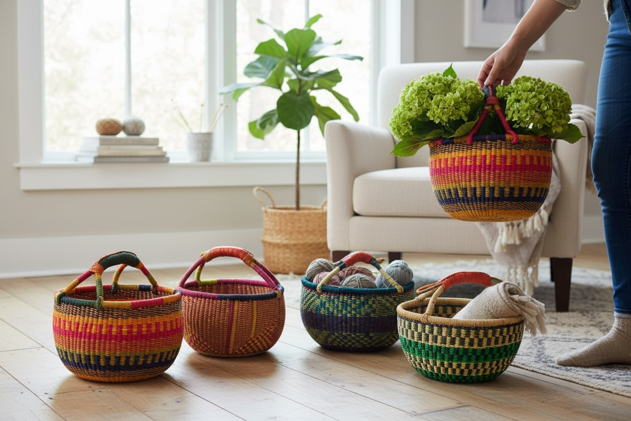 African Market Basket | Ghana Bolga Basket | (Colors Vary)