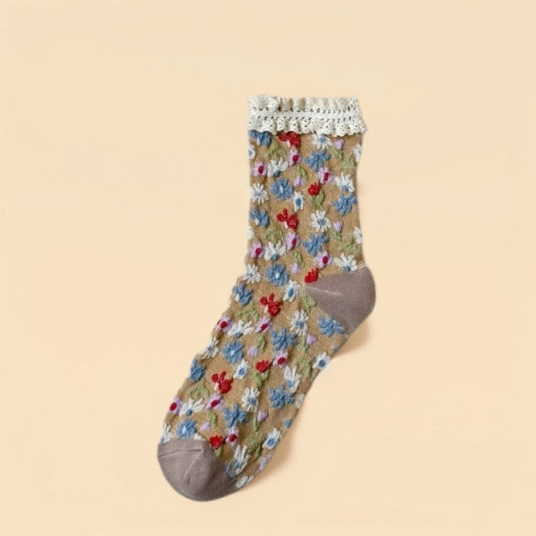 Rufia - Lace-Trim Vintage Floral Relief Socks