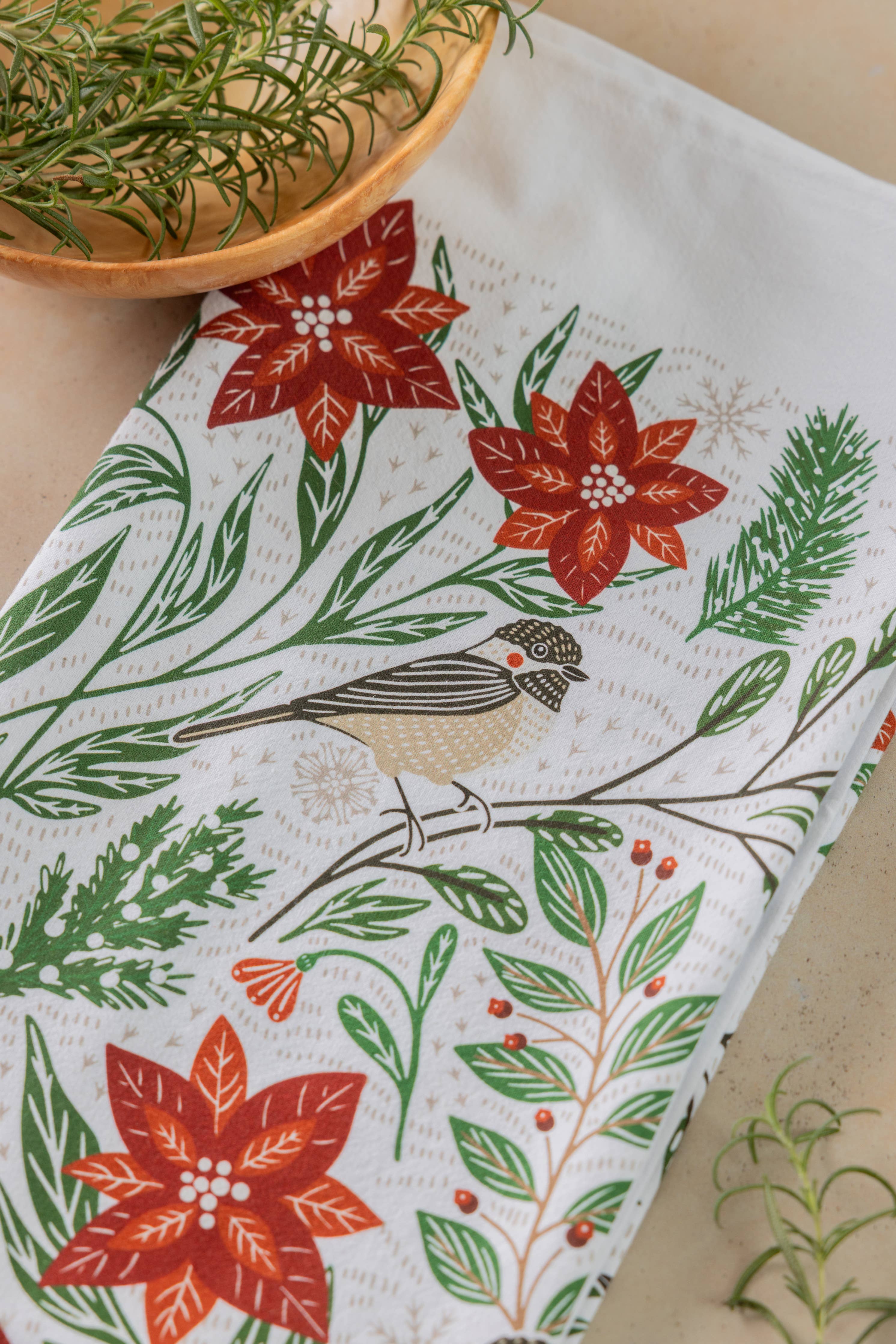 Poinsettias & Pines Tea Towel - Holiday Kitchen Towel Decor