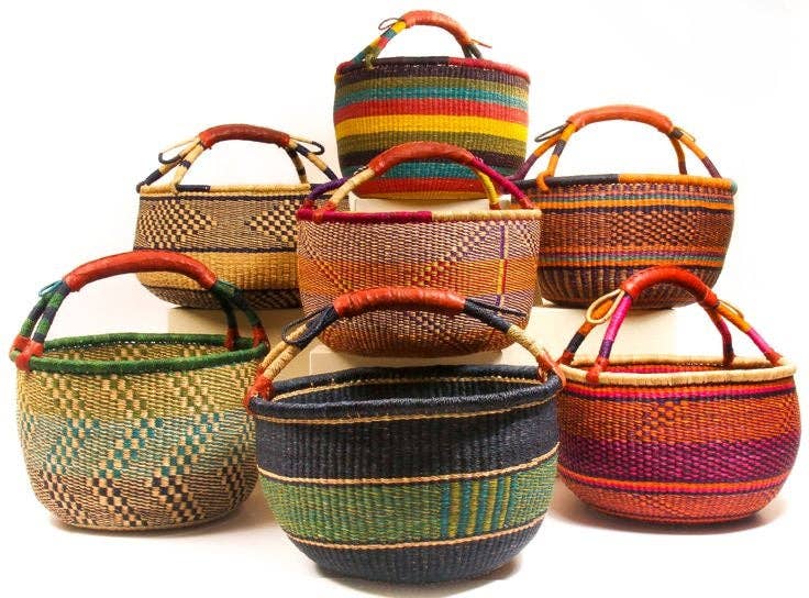 Medium Bolga Market Basket w/ Leather Wrapped Handle (Colors Vary) W: 11" - 13" H: 8"-10"